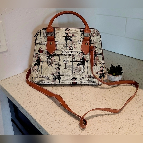 Signore Handbags - Signore Paris Bistro Print Satchel | Brown Cream Travel Style Purse